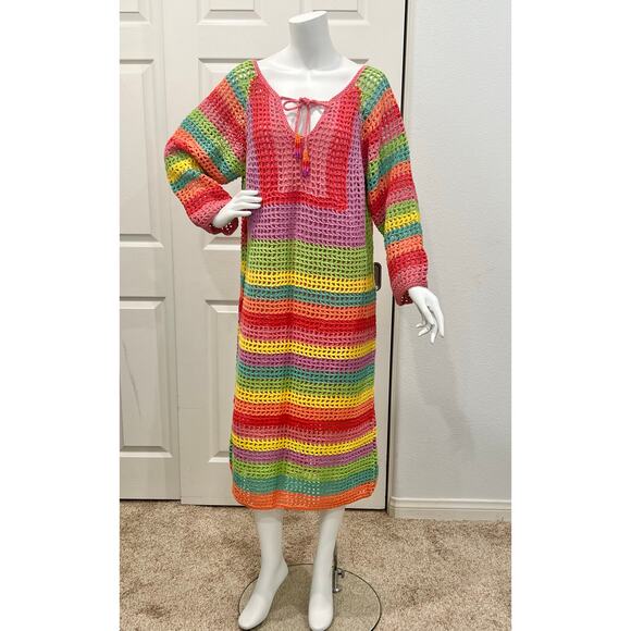 NWOT FARM RIO Striped Multicolor Crochet Dress beaded tassels Cover Up Large - Picture 6 of 16